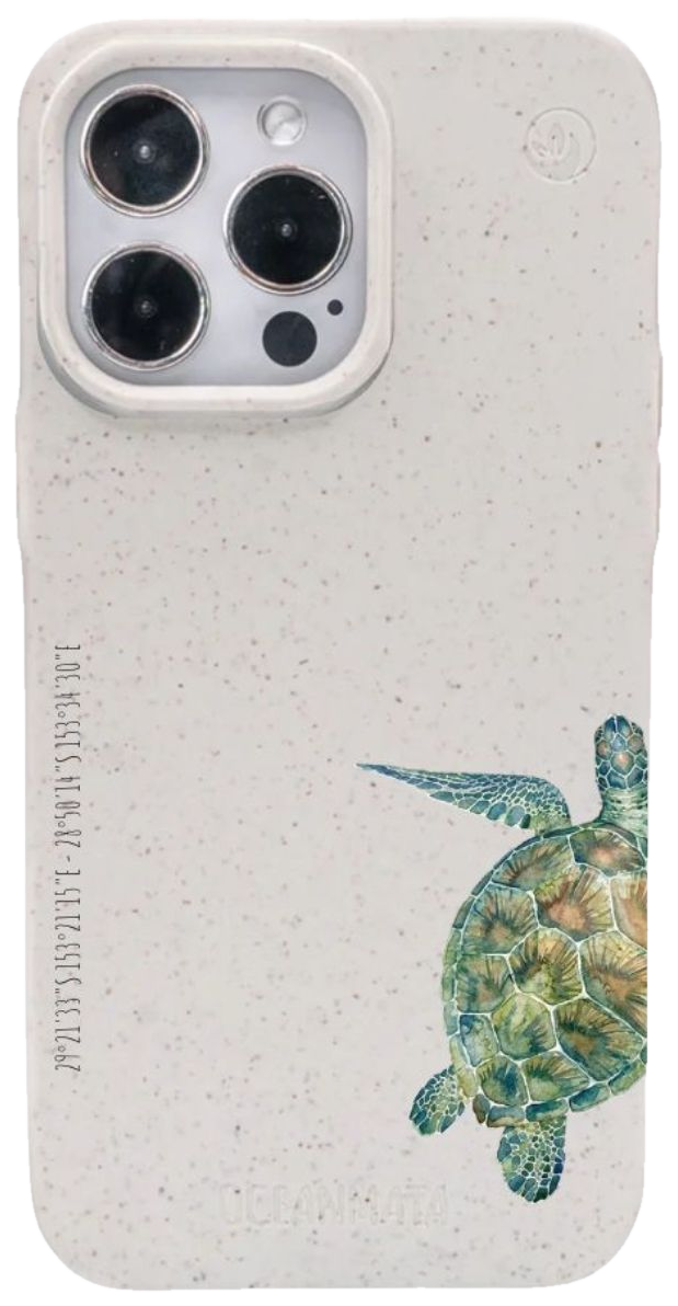 Oceanmata Turtle-Edition zum 7. Geburtstag: Bio-Hülle mit Aquarell-Meeresschildkröte und den Koordinaten von Ballina